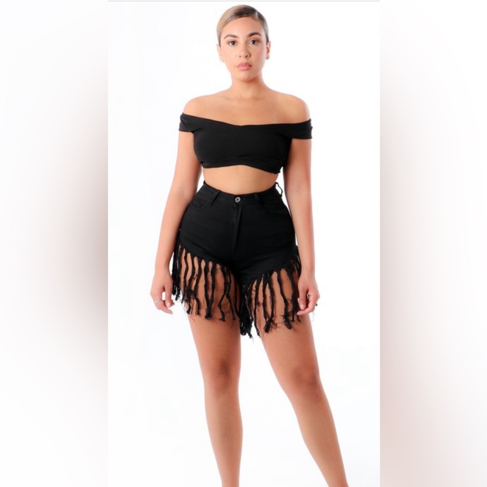 High Waist Black Fringe Denim Shorts